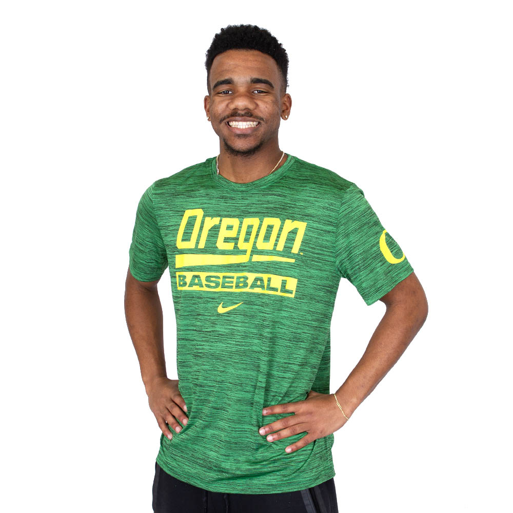 Classic Oregon O, Nike, Green, Crew Neck, Performance/Dri-FIT, Men, Baseball, Oregon baseball word-mark, Velocity, T-Shirt, 853983